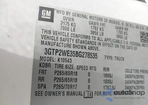 2011 GMC Sierra 1500 Slt z USA, uszkodzony, nr VIN 3GTP2WE35BG278535